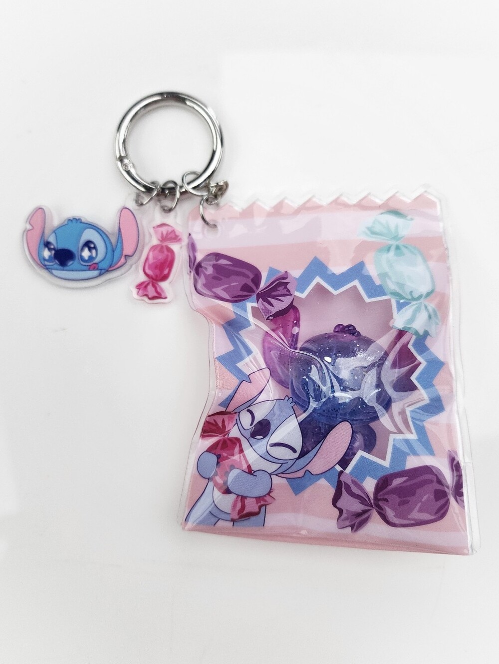Disney Stitch Pink Candy Mini Zipper Pouch Keychain Glitter Charm